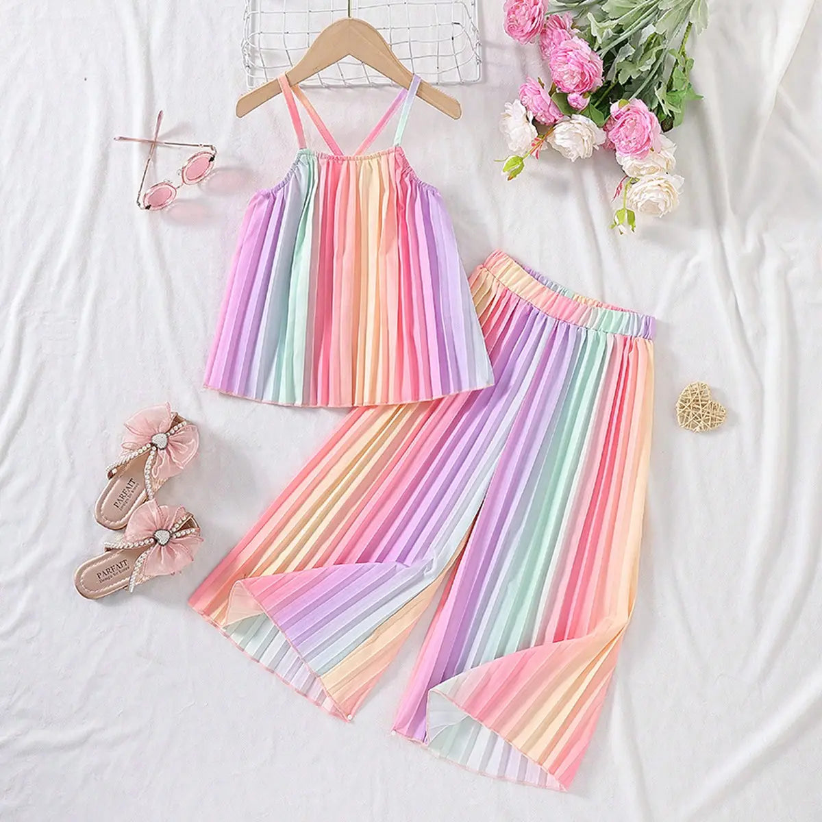 Girls Multicolor Rainbow Stripes Pleated Top & Wide-leg Pants Co-ord Sets Sets Multicolor 3-4 Y