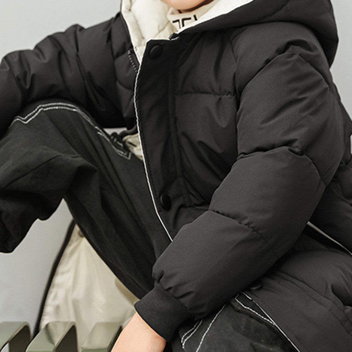 Boys Black Solid Puffer Hooded Down Jacket Coats & Jackets