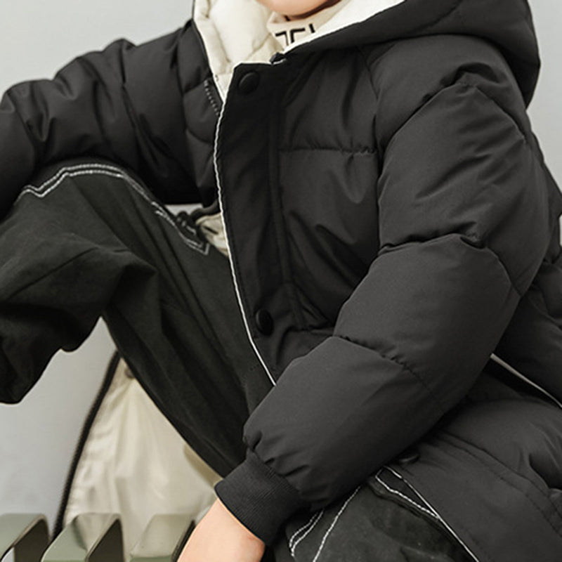 Boys Black Solid Puffer Hooded Down Jacket Coats & Jackets