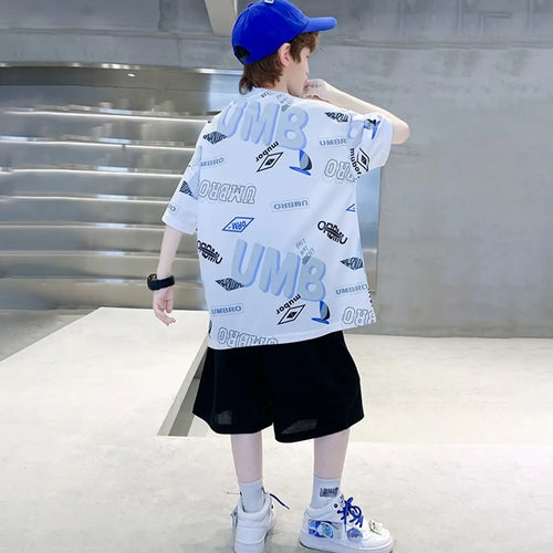 Boys Light Blue Typographic Printed Oversized T-Shirt With Shorts Set Sets