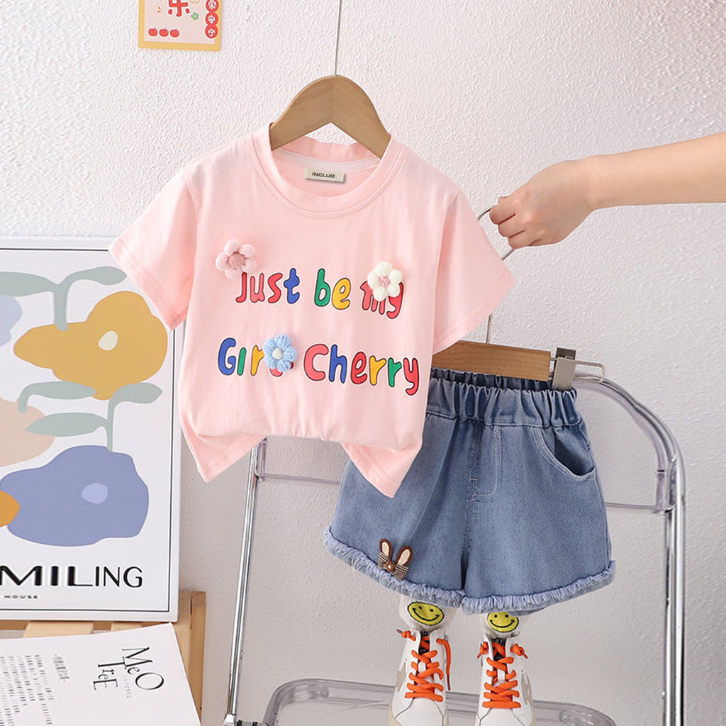 Girls Pink Printed T-shirt with Elasticated Denim Shorts Set Sets Pink 1-2 Y 