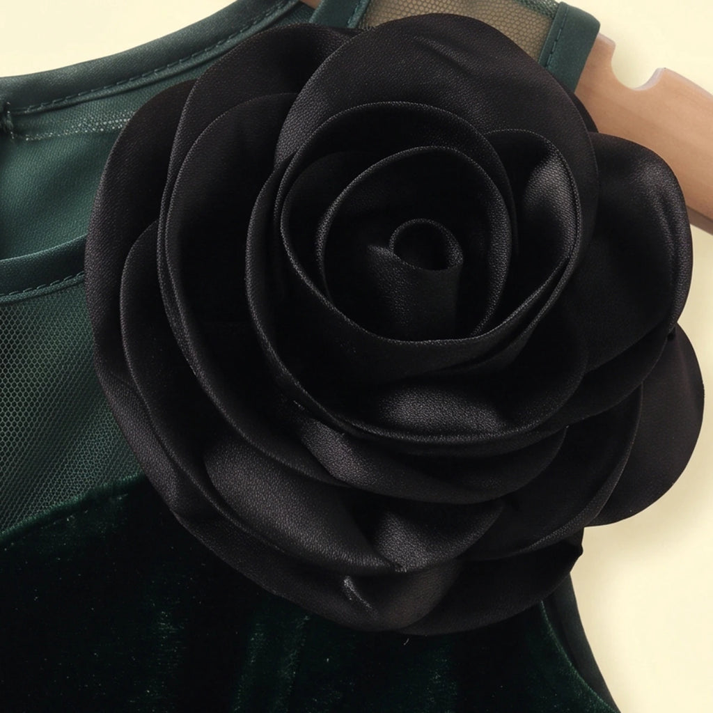 Girls Dark Green 3D Floral Detail Sleeveless Party Gown Party Dresses