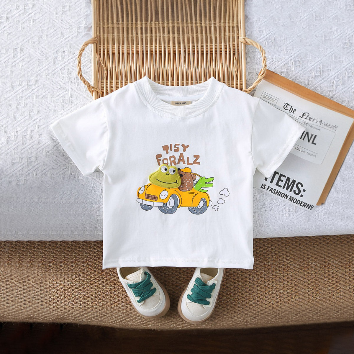 Boys White Car Printed Short Sleeves T-Shirt With Denim Shorts Set 2 pc. Sets