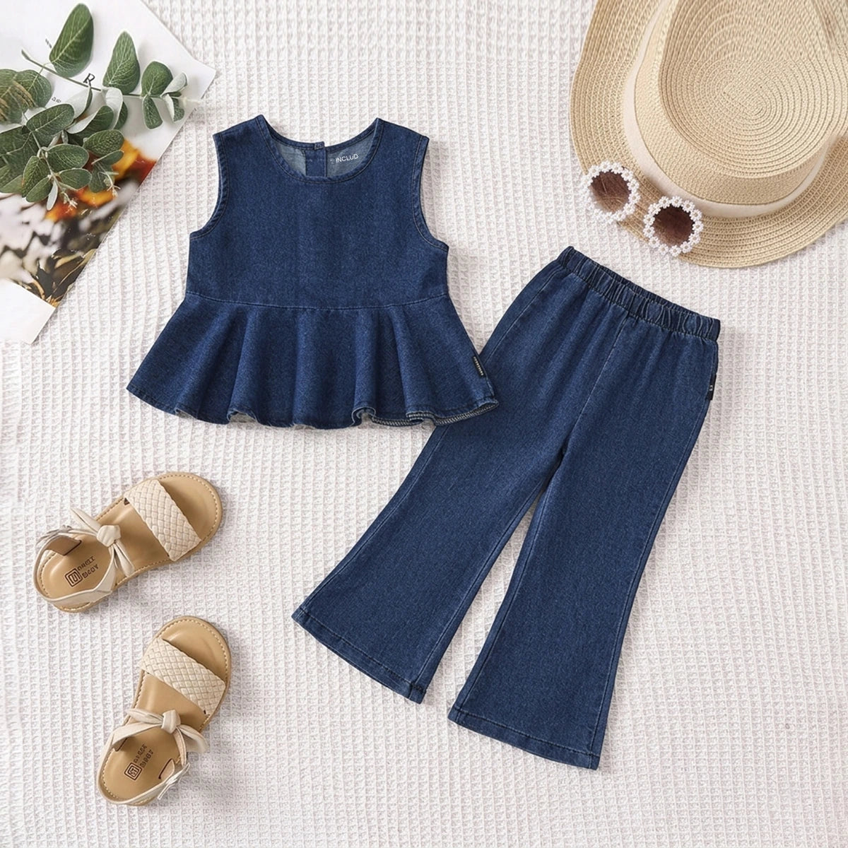 Girls Navy Blue Peplum Top with Flared Denim Pants Sets Sets Navy Blue 2-3 Y