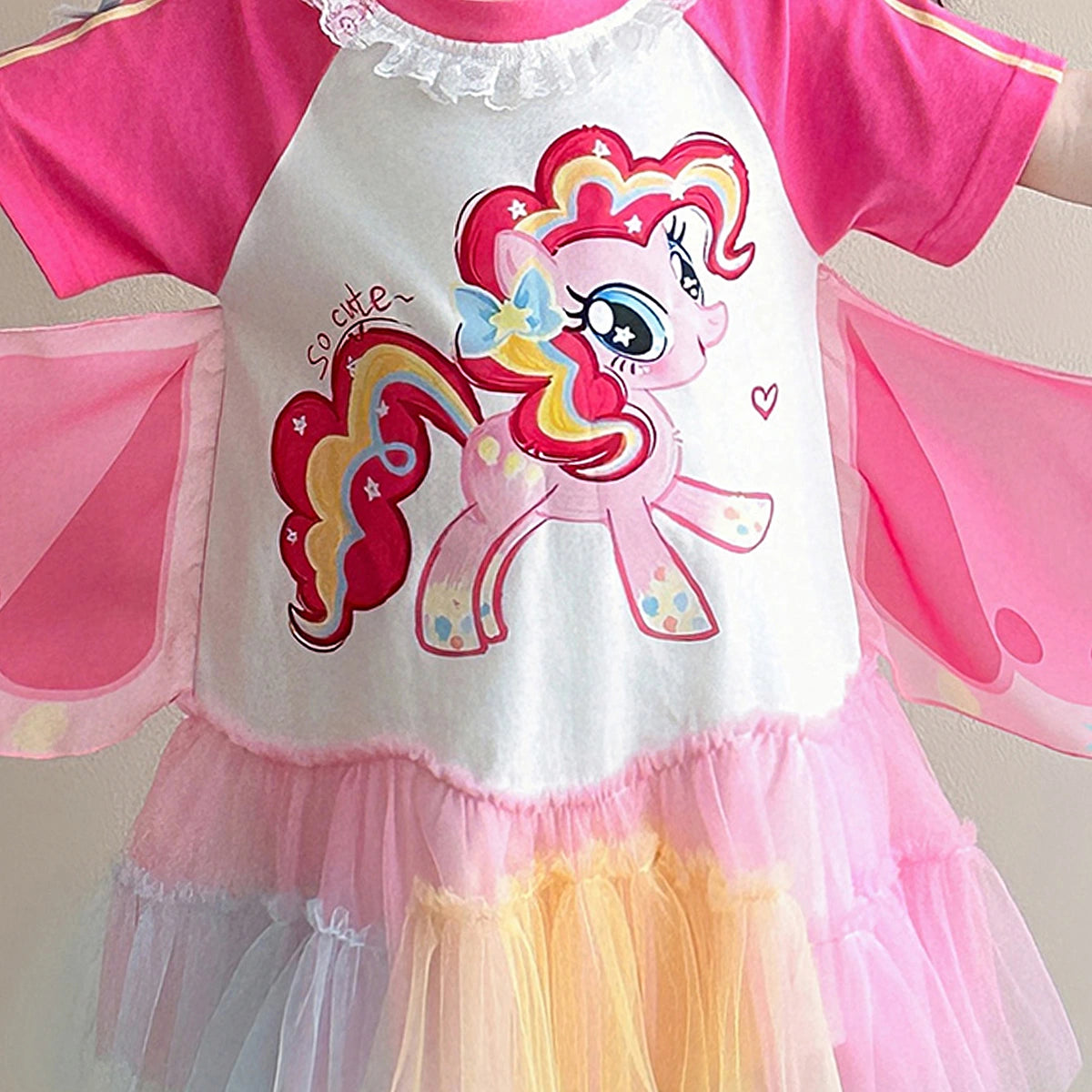 Girls Pink Unicorn Print T-Shirt Dress With Tulle Ruffles Casual Dresses