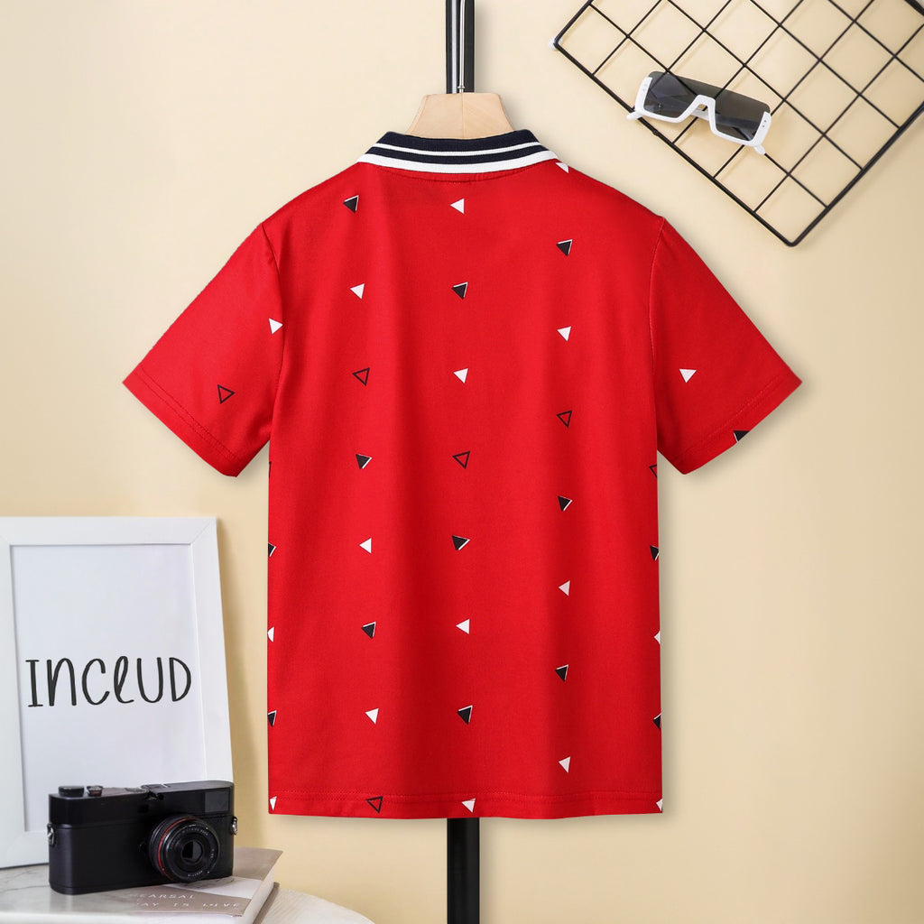 Boys Red Triangle Printed Short Sleeve Polo T-Shirt Tshirts