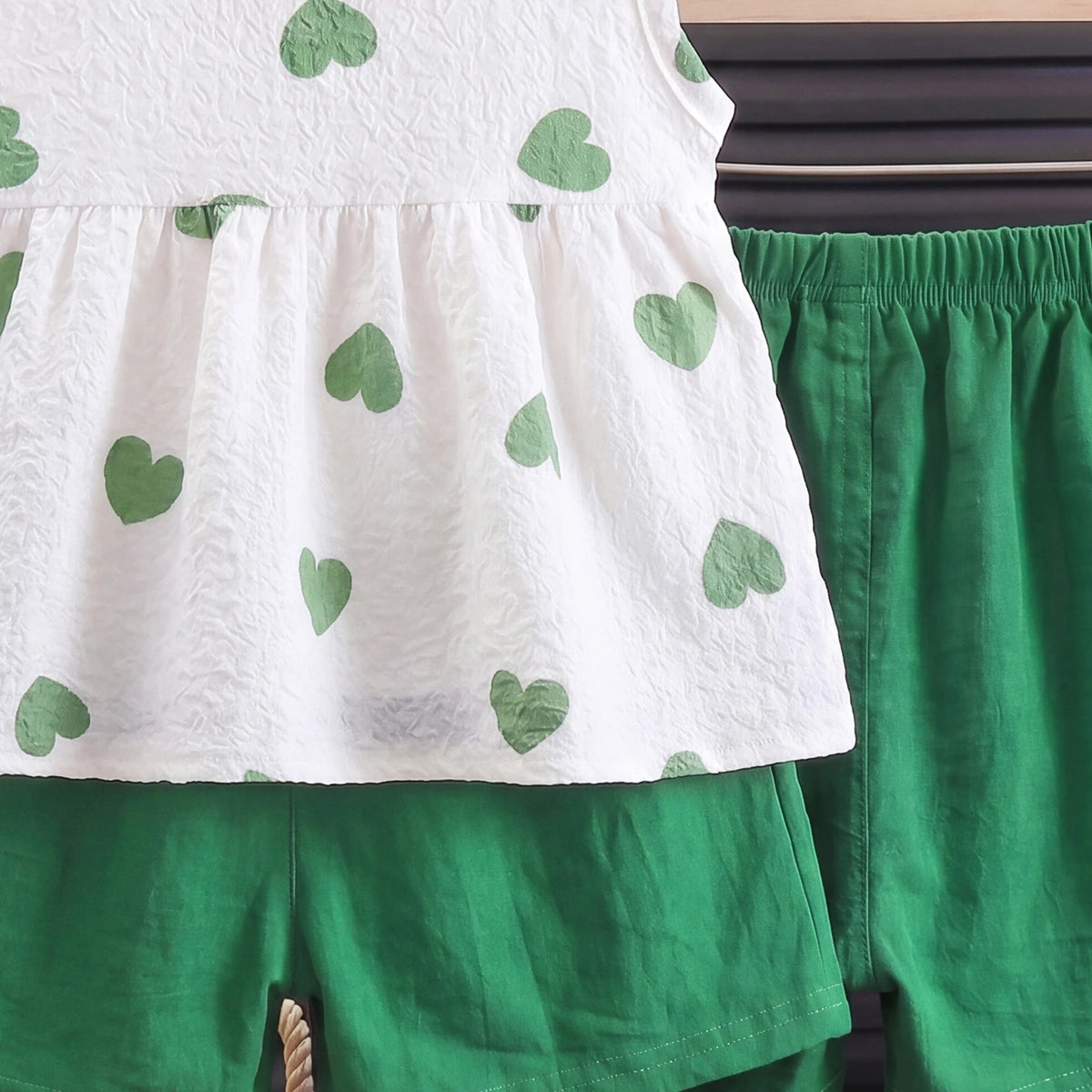 Girls Green Heart Print Sleeveless Peplum Top With Shorts Sets 2 pc. Sets