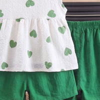 Girls Green Heart Print Sleeveless Peplum Top With Shorts Sets 2 pc. Sets