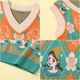 Girls Multicolour Jacquard Sleeveless Sweater Vest Sweaters & Cardigans