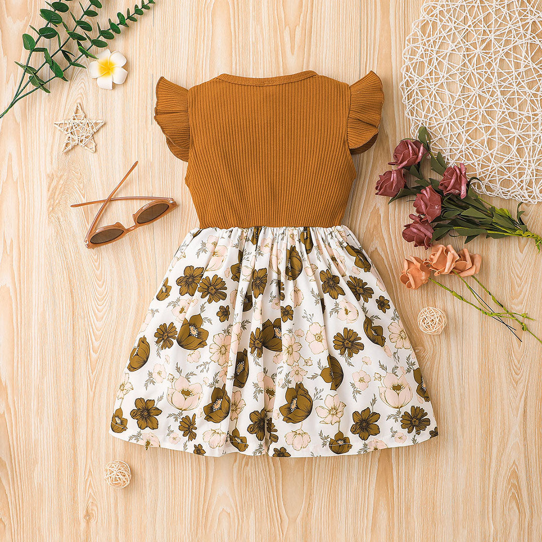 Girls Brown Flared Sleeve Floral Printed Fit & Flare Dress Casual Dresses
