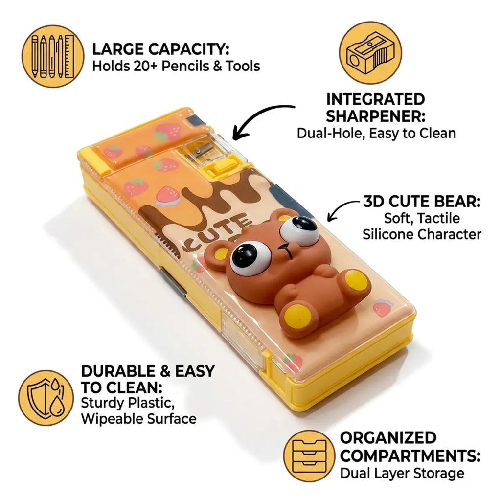 Plastic 3D Squishy Pop Eye Bunny Pencil Box for Kids, Cute School Stationery Box Trending Accessories