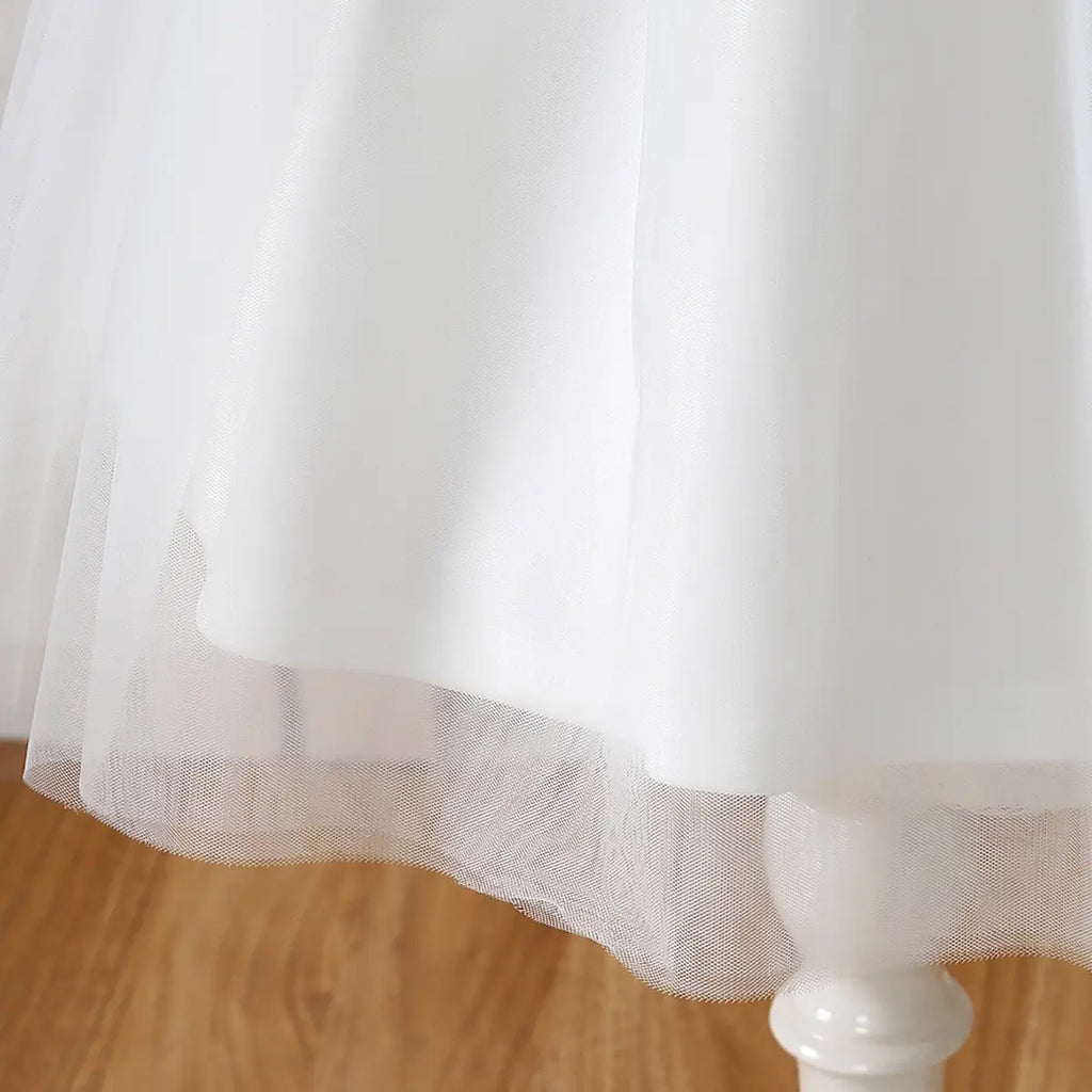 Girls White Long Sleeves Fit & Flare Party Dress With Lace & Tulle Overlay Party Dresses