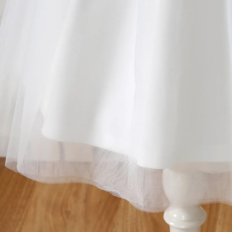 Girls White Long Sleeves Fit & Flare Party Dress With Lace & Tulle Overlay Party Dresses