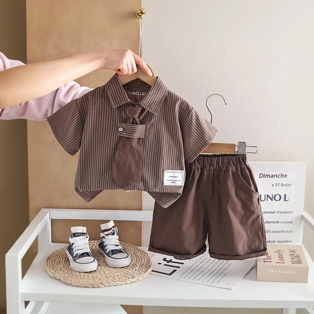 Boys Brown Striped Button-Down Shirt With Shorts Sets Sets Brown 1-2 Y