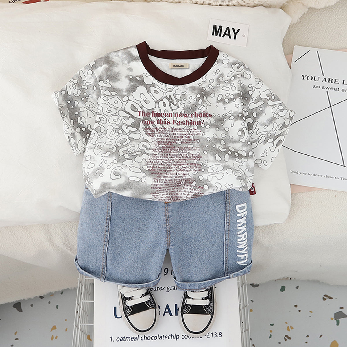 Boys Light Grey Abstract Printed Short Sleeves T-Shirt With Denim Shorts Set 2 pc. Sets Light Grey 1-2 Y