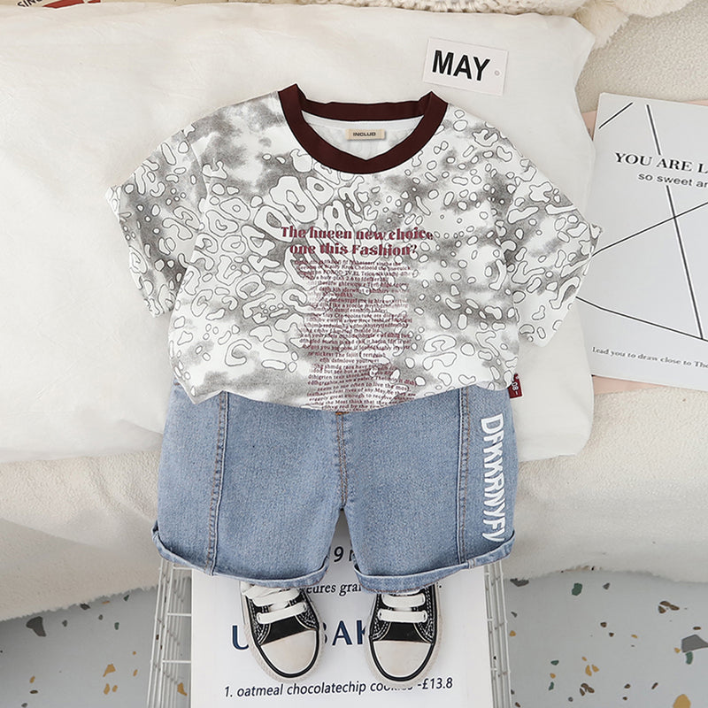 Boys Light Grey Abstract Printed Short Sleeves T-Shirt With Denim Shorts Set 2 pc. Sets Light Grey 1-2 Y