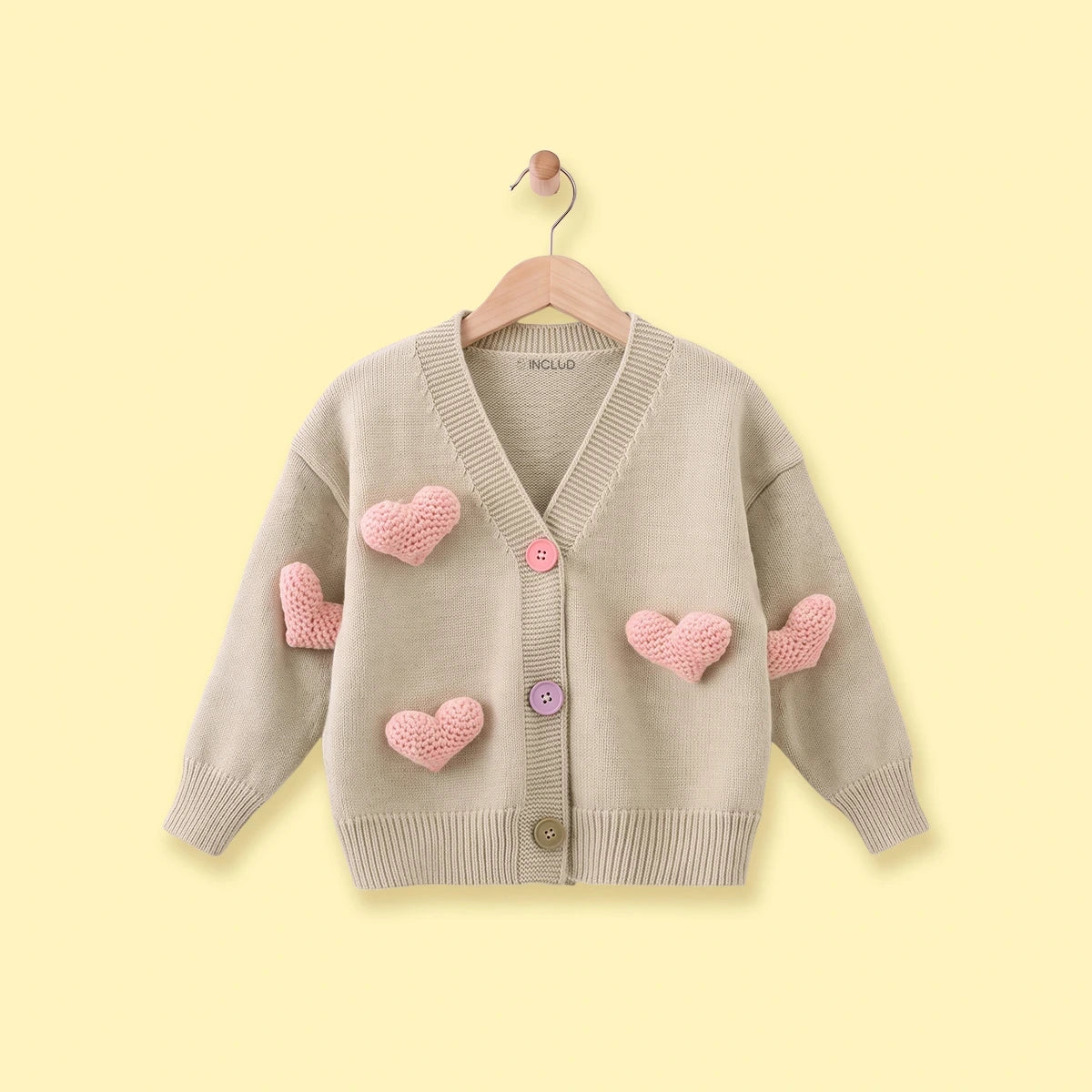 Girls Beige Heart Applique Long Sleeve Cardigan Sweaters & Cardigans Beige 1-2 Y