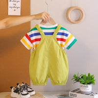 Boys Dinosaur Applique Short Sleeve Striped T-Shirt With Green Dungaree Sets 2 pc. Sets
