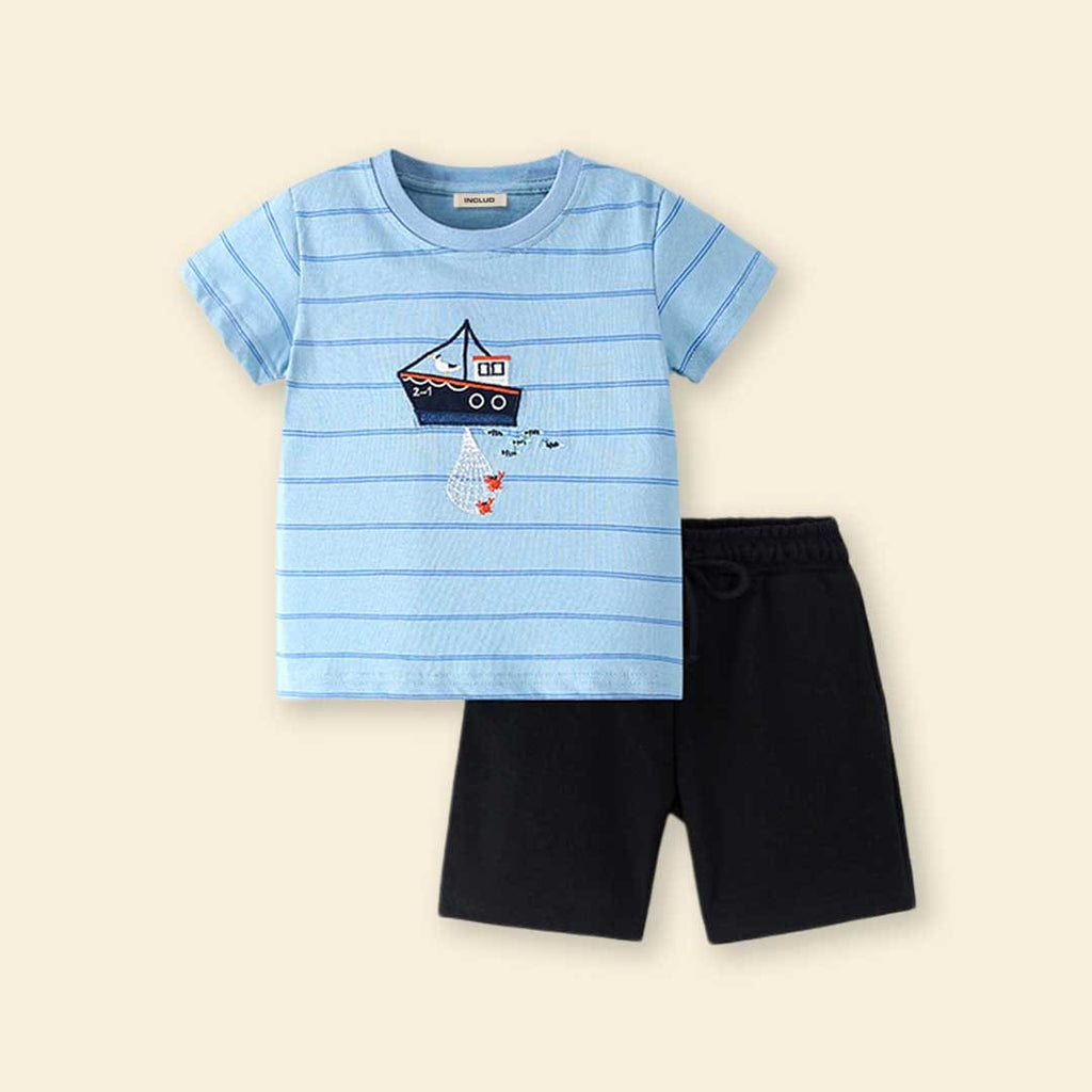 Boys Striped Ship Applique T-Shirt With Shorts Set Sets   