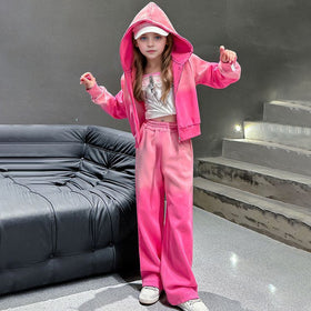 Girls Pink Ombre Printed Front zipper Hooded Jacket With Pants Winter Co-Ord Set 2 pc. Sets Pink 5-6 Y
