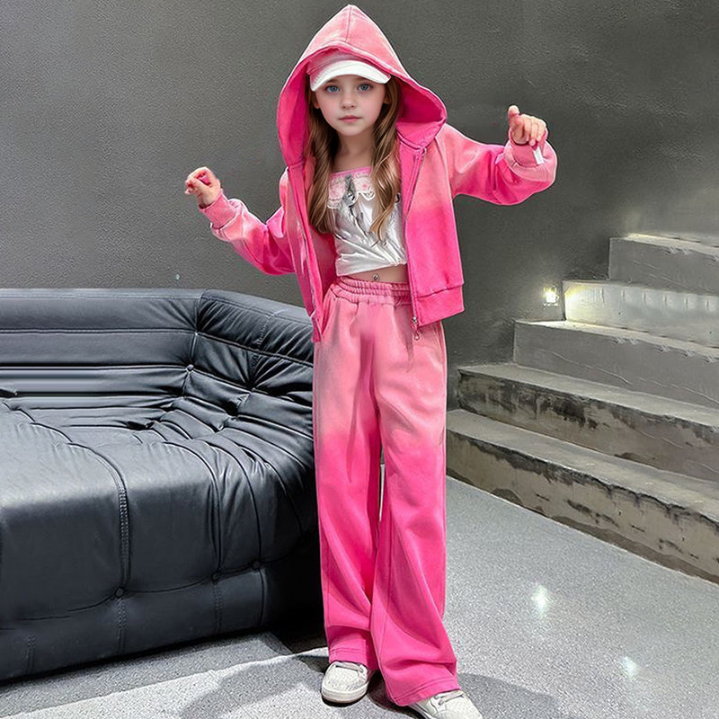 Girls Pink Ombre Printed Front zipper Hooded Jacket With Pants Winter Co-Ord Set 2 pc. Sets Pink 5-6 Y