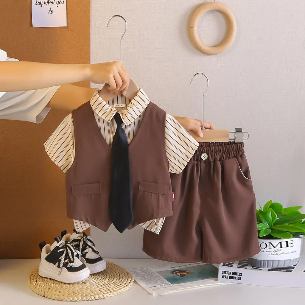 Boys Brown Vest & Shirt With Shorts & Neck Tie Sets Sets Brown 1-2 Y