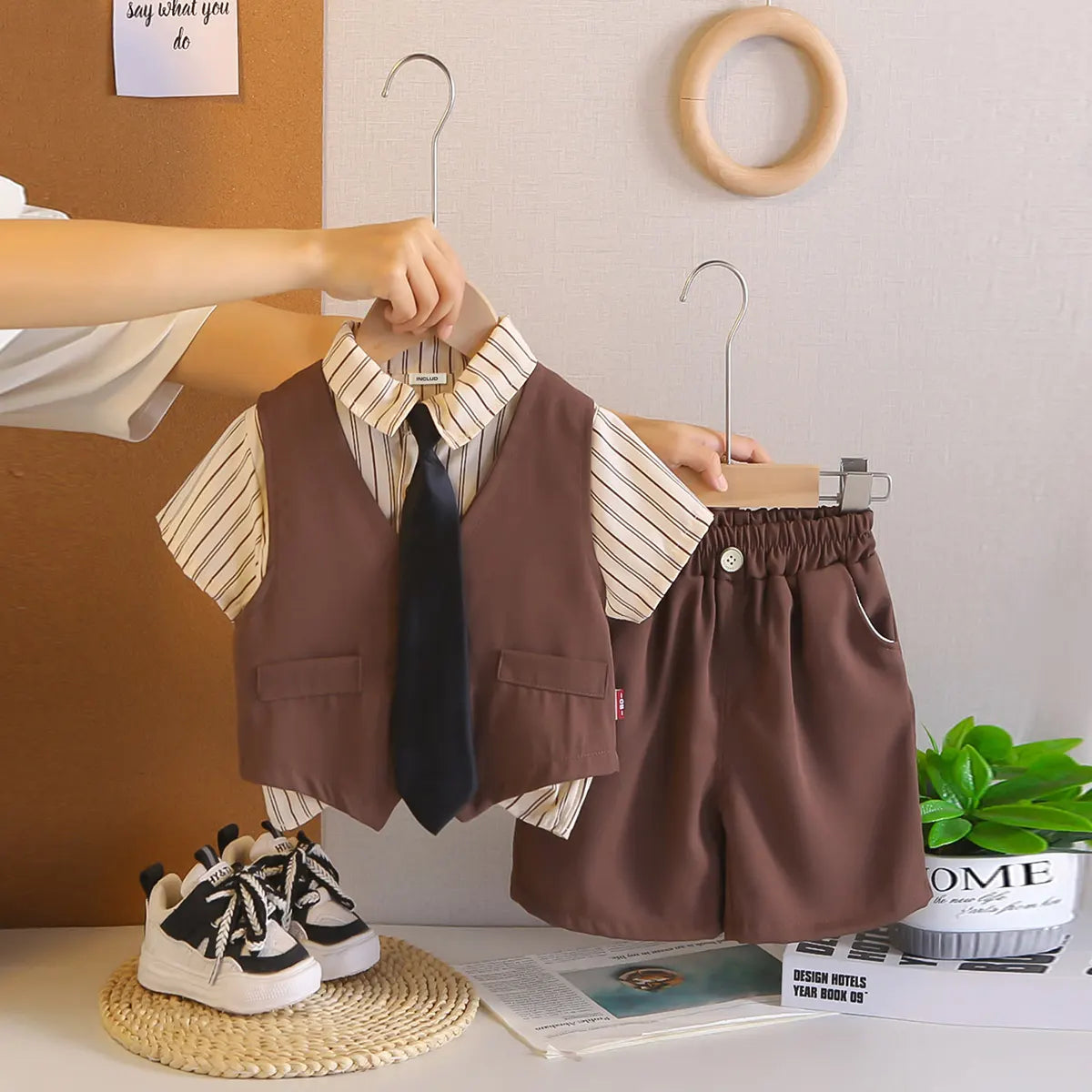 Boys Brown Vest & Shirt With Shorts & Neck Tie Sets Sets Brown 1-2 Y