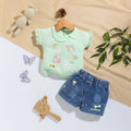 Girls Green Graphics Short Sleeve T-Shirt With Denim Shorts Sets 2 pc. Sets Green 0-3 M