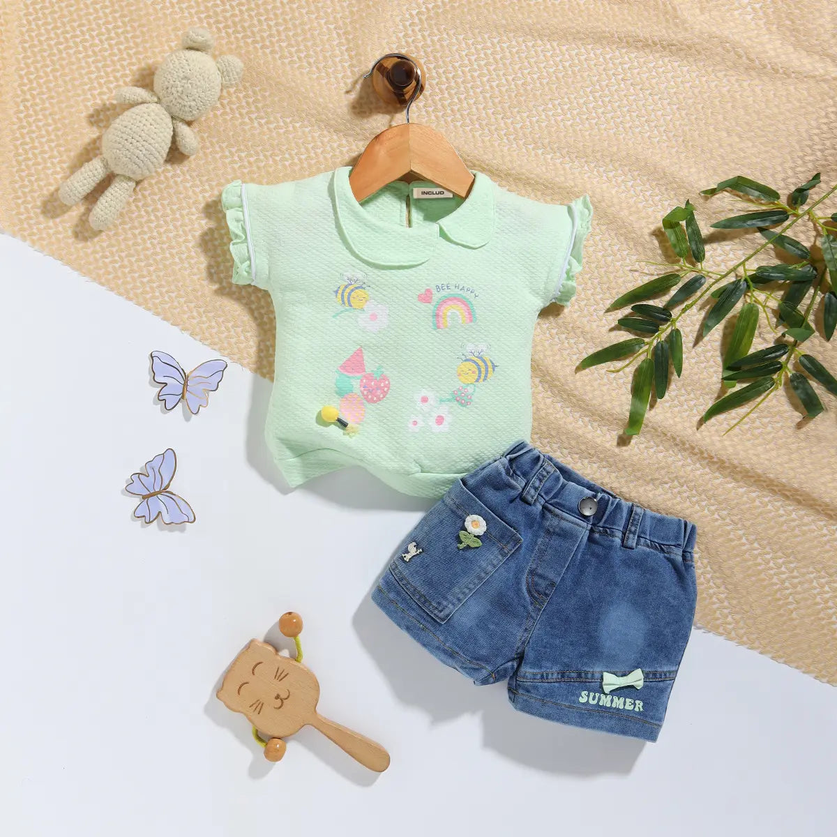 Girls Green Graphics Short Sleeve T-Shirt With Denim Shorts Sets 2 pc. Sets Green 0-3 M