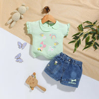 Girls Green Graphics Short Sleeve T-Shirt With Denim Shorts Sets 2 pc. Sets Green 0-3 M