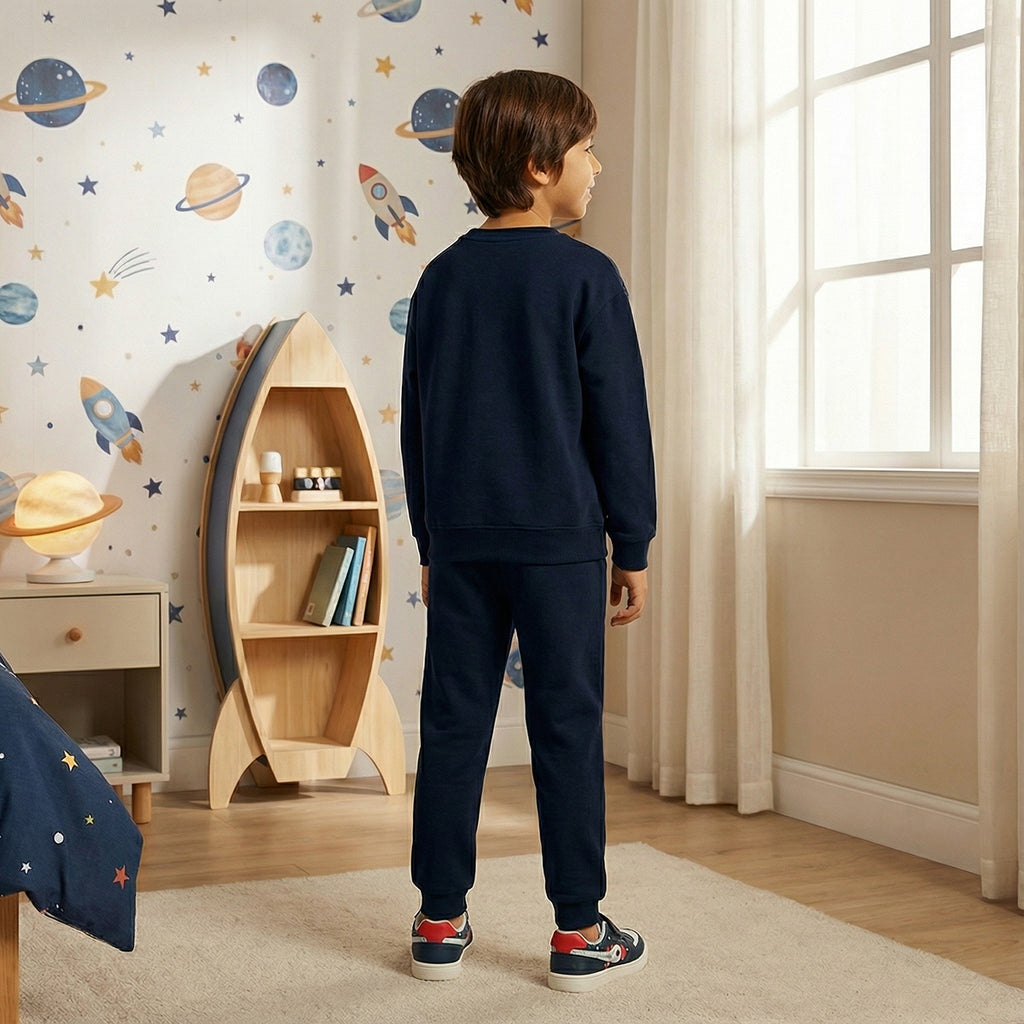 Boys Navy Blue Space Graphics Round Neck Sweatshirt With Joggers Sets 2 pc. Sets