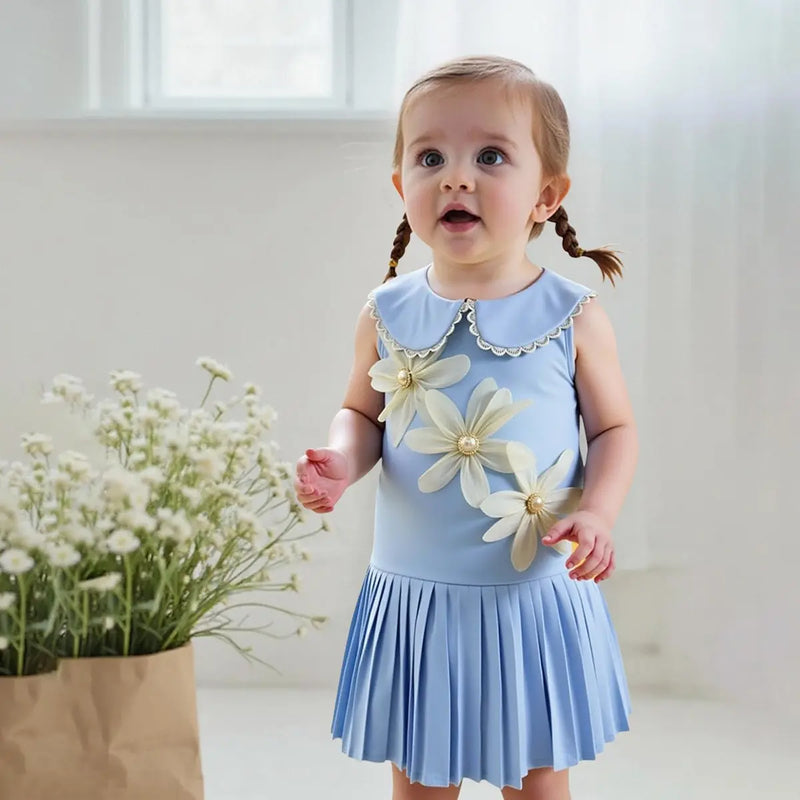 Girls Sky Blue Flowers Applique A-line Dress With Pleated Hem Casual Dresses