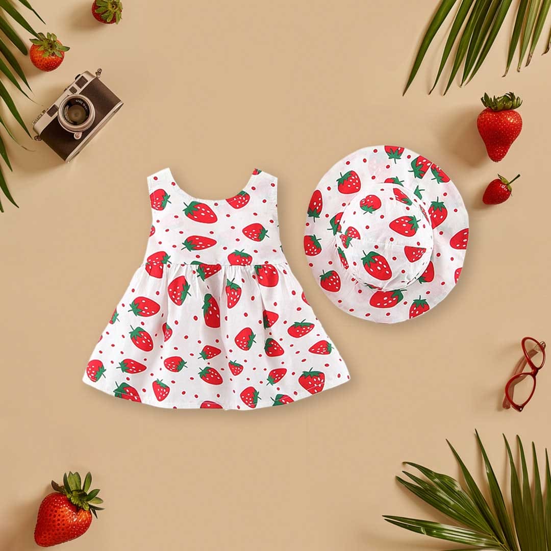 Girls Strawberry Print Casual Dress with Hat Casual Dresses Red 1-2 Y 