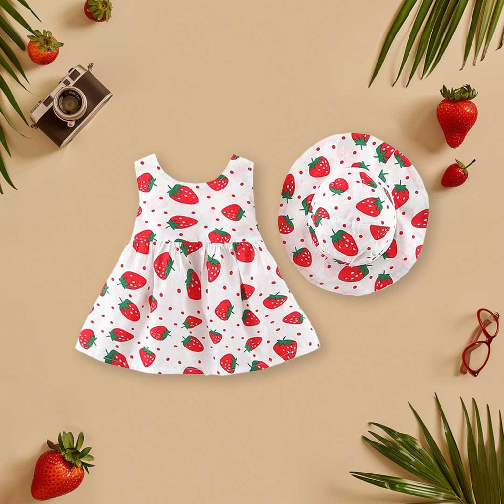 Girls Strawberry Print Casual Dress with Hat