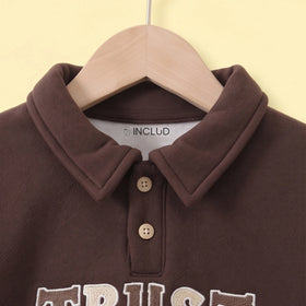 Boys Brown Typographic Polo Sweatshirt & Jogger Sets Sets