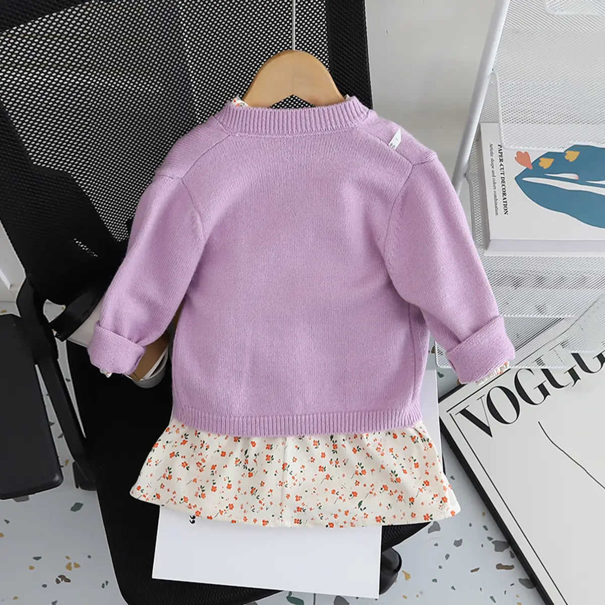 Girls Purple Solid Cardigan With Floral Printed Top Sweaters & Cardigans