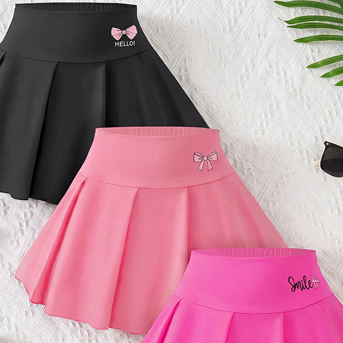 Girls Multicolor Bow Print Pleated Skorts Pack Of 3 Skirts
