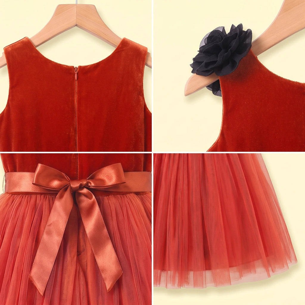 Girls Rust Floral Applique Sleeveless Fit & Flare Party Dress Party Dresses