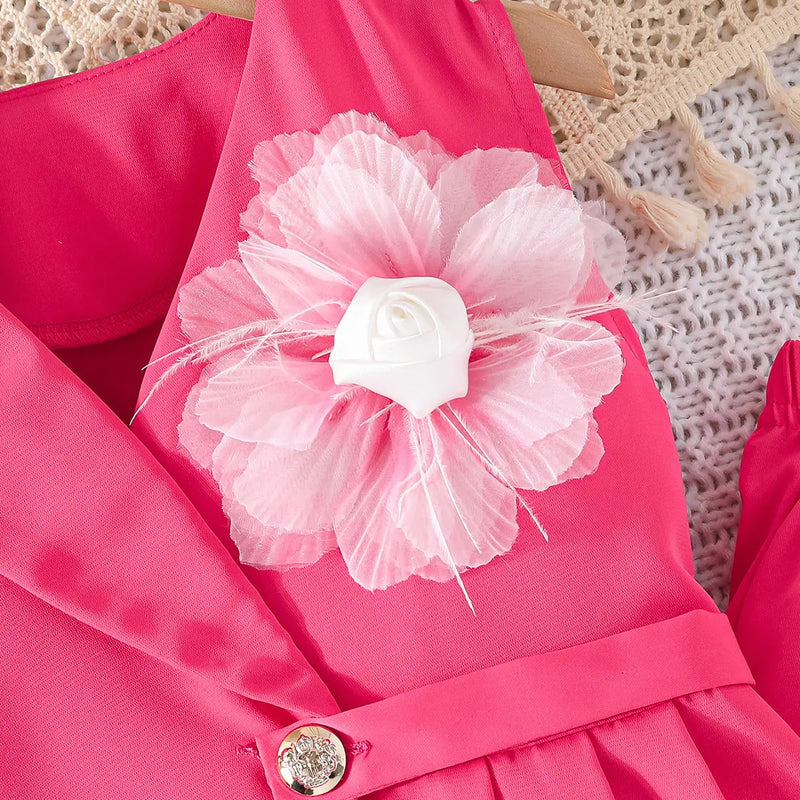 Girls Fuchsia Flower Applique Sleeveless Vest With Pants Co-ord Sets Sets