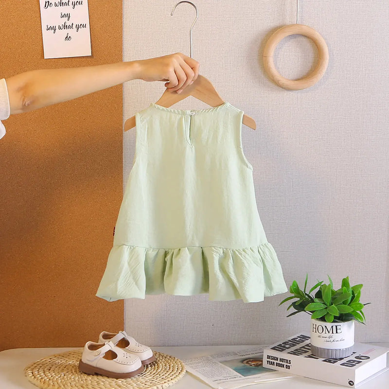 Girls Light Green Bow Appliqued A-line Dress With Ruffled Hem Casual Dresses