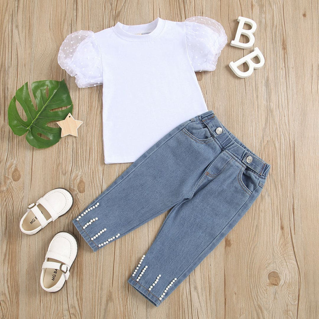 Girls White Short Sleeve Top With Denim Pants Set Sets White 1-2 Y 