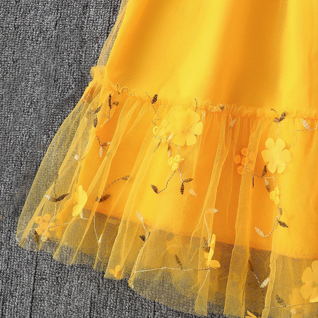 Girls Yellow Floral Embroidered Puff Sleeve Fit & Flare Dress Casual Dresses