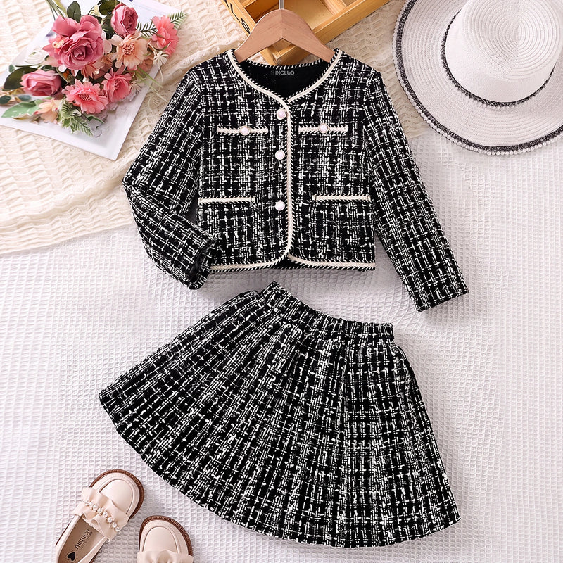 Girls Black Checked Long Sleeve Top With Skirt Sets 2 pc. Sets Black 3-4 Y