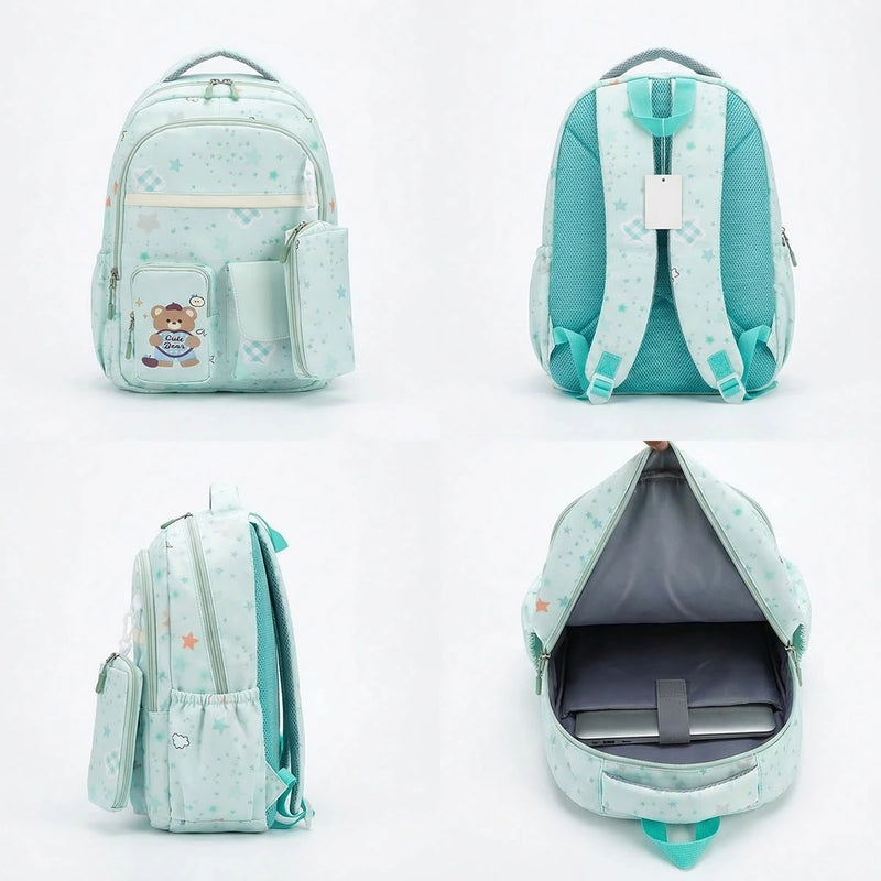 Kids Sea Green Bear Print Multi-Pocket School Backpack Trending Accessories