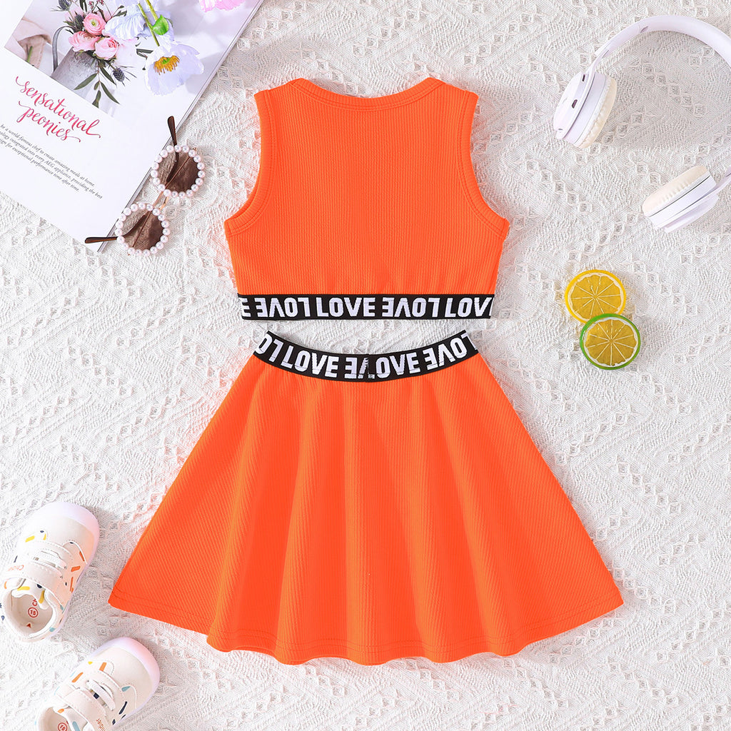 Girls Neon Orange Sleeveless Crop Top With Flared Skirt Set 2 pc. Sets