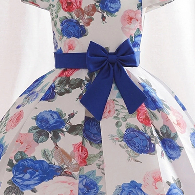 Girls Blue Floral Printed Cap Sleeve Fit & Flare Party Wear Dress Party Dresses