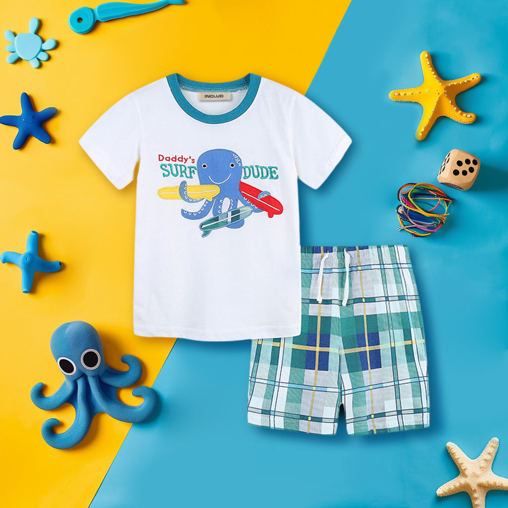 Boys Octopus Patchwork T-shirt with Checkered Shorts Set