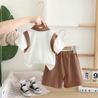Boys Brown Teddy Bear Patch Polo T-shirt With Shorts Set Sets