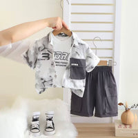 Boys Grey Abstract Printed Short Sleeves Shirt With T-Shirt And Cargo Shorts Set Sets Grey 1-2 Y