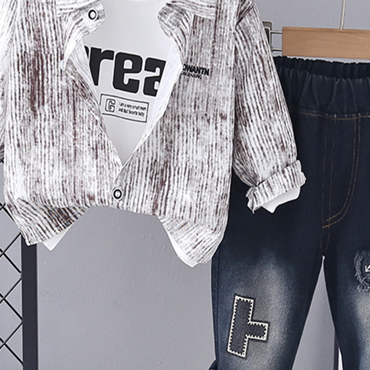 Boys Brown Abstract Printed Shirt With Printed T-Shirt & Denim Pants Set Sets